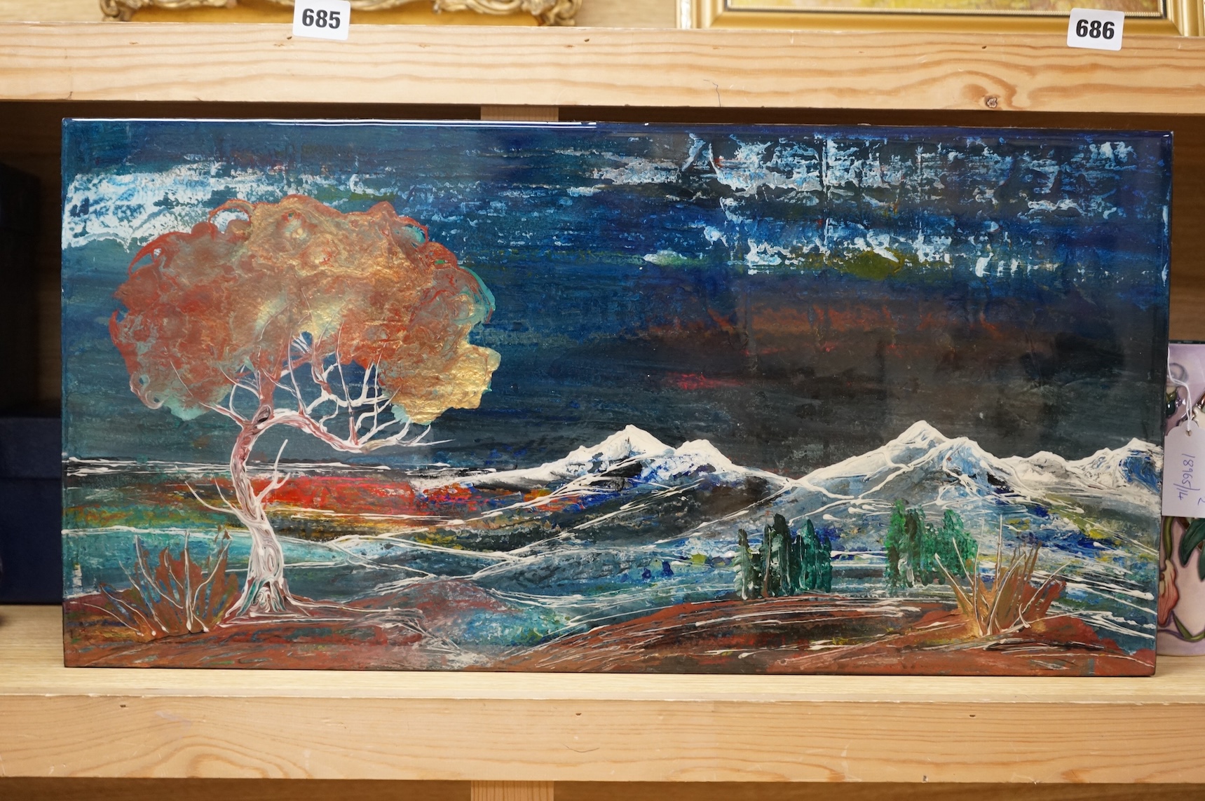Modern and Contemporary, Surreal landscape, mixed media under acrylic, 32 x 61cm, unframed, indistinctly signed verso